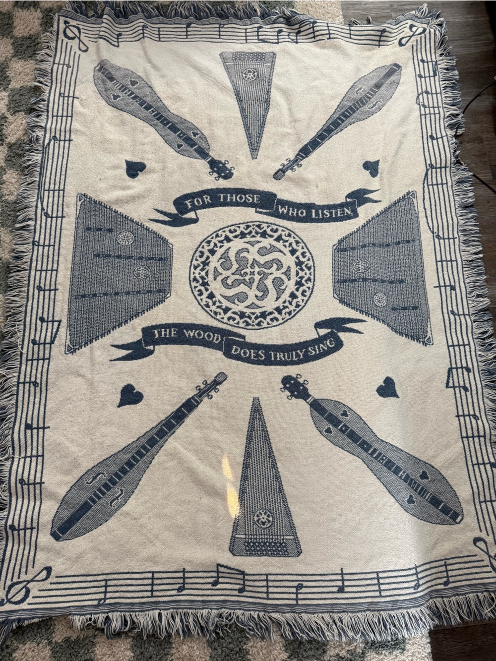VTG RARE Music Lover Heart Pattern Fringe Tapestry Throw Blanket Navy Beige